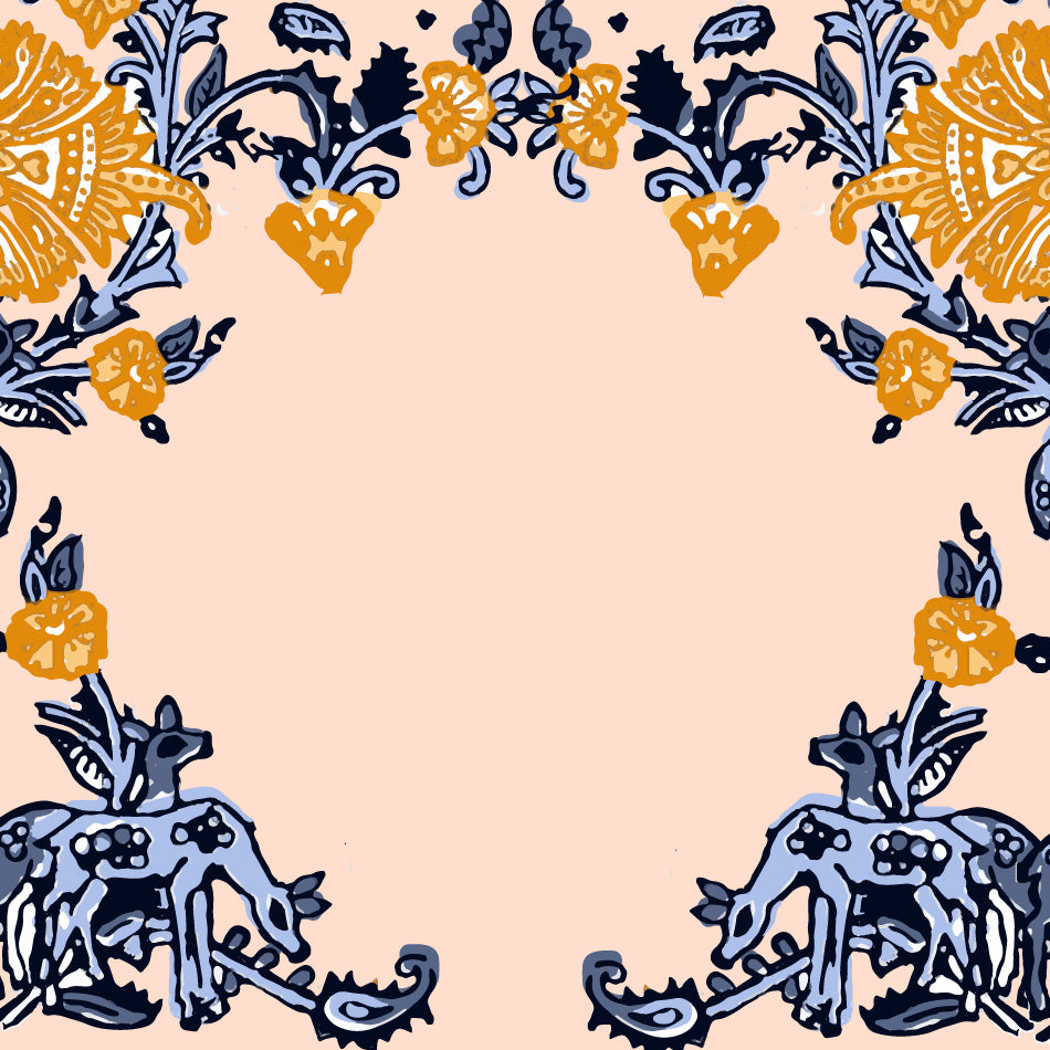 illustration by tharangini studios of blue and yellow deer pattern against a pink background 