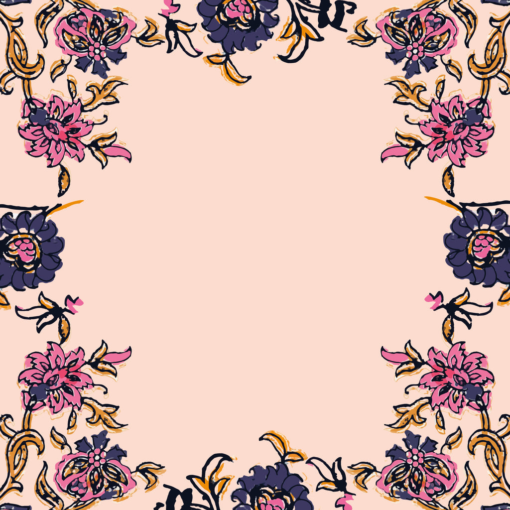 illustration by tharangini studios of pink, orange and purple flowers pattern against a pink background 